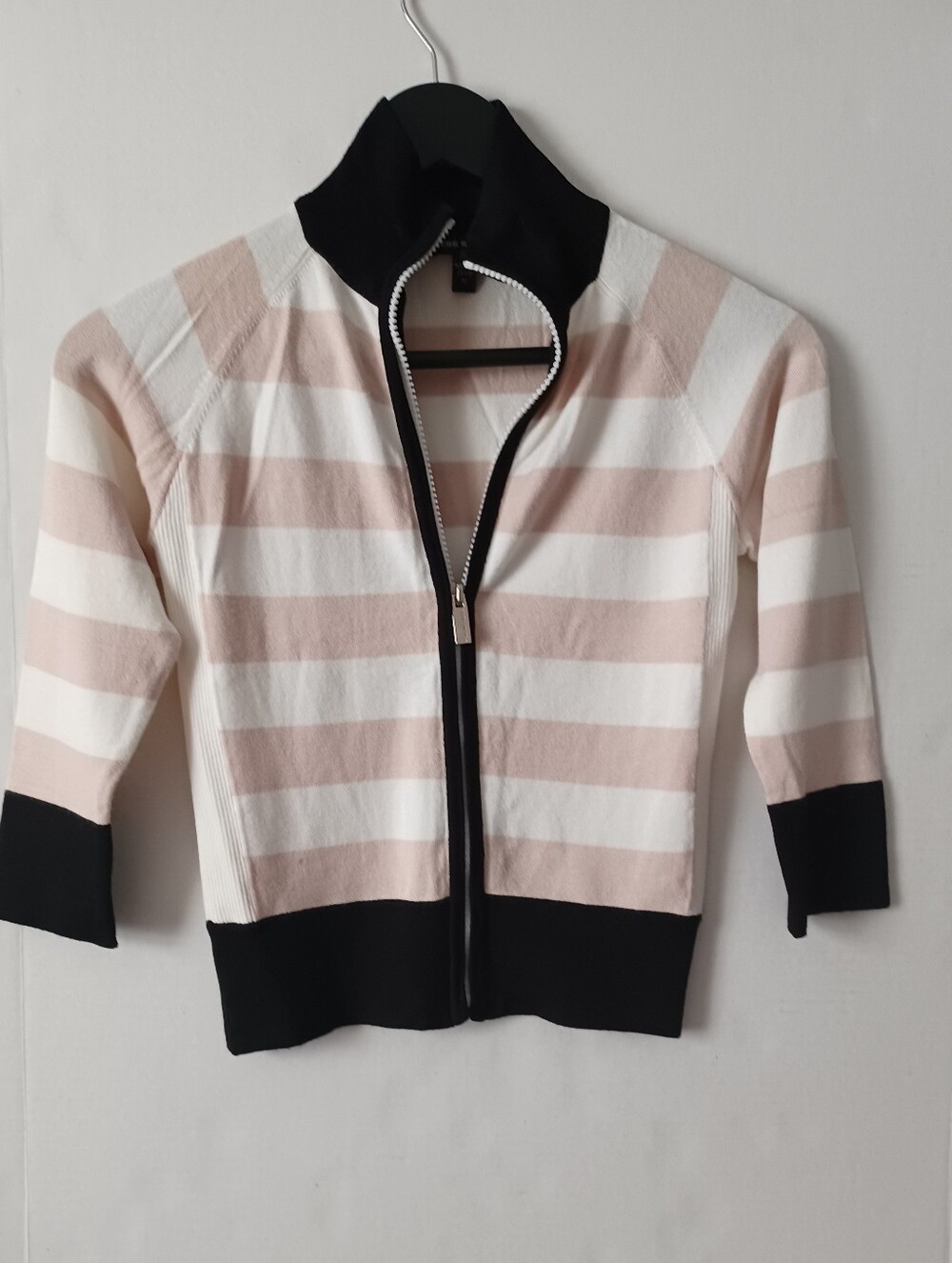 bebe Sport Striped Zip-Up Sweater Cardigan in Pink, White & Black